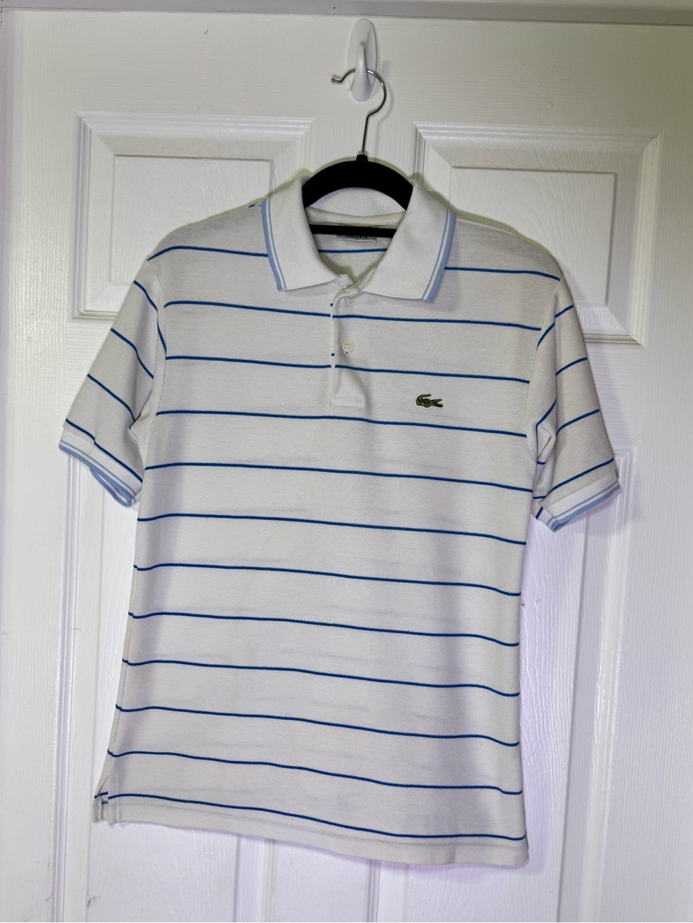 Vintage Lacoste Polo Shirt Made in France White Blue Striped S/M